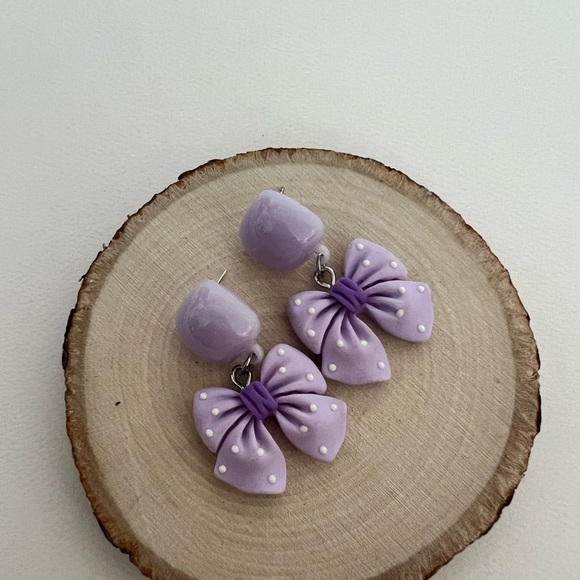 Cute Lolita Pink & Purple Bow Dangle Earrings Set - Polka-dot Bow Earrings - Picture 8 of 17